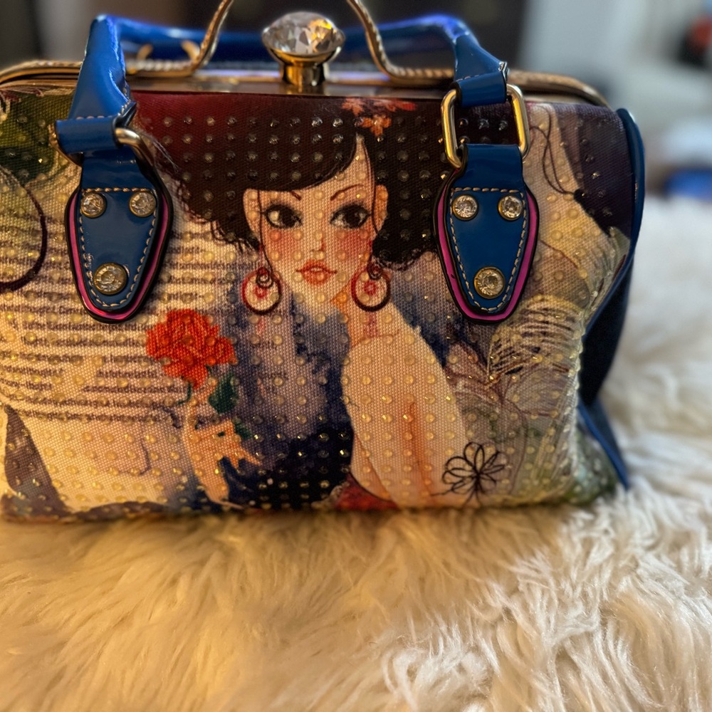 Blue Artistic Tote with Vintage Print Design
